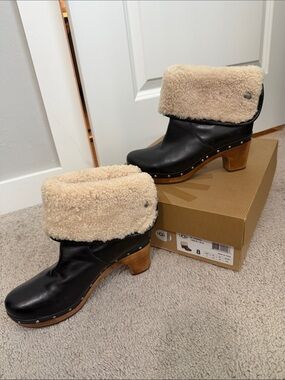 UGG Black Leather Clog Boots with Cream Shearling Cuff